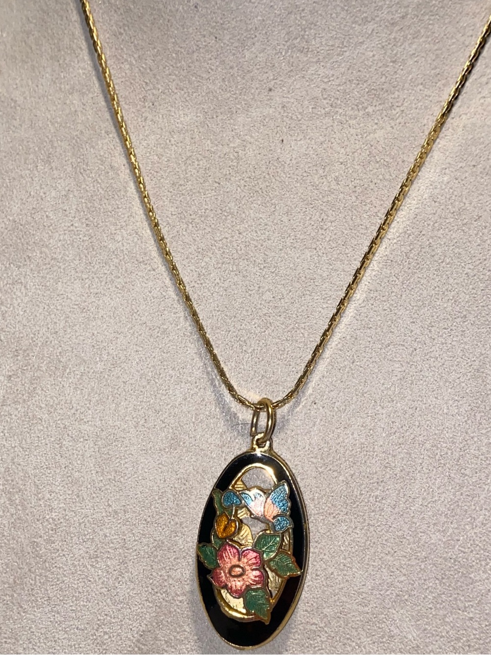 Gold-Tone Floral Enamel CloisonnƩ Oval Pendant